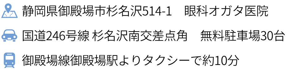 
       静岡県御殿場市杉名沢514-1　眼科オガタ医院
       国道246号線 杉名沢南交差点角　無料駐車場30台
       御殿場線御殿場駅よりタクシーで約10分